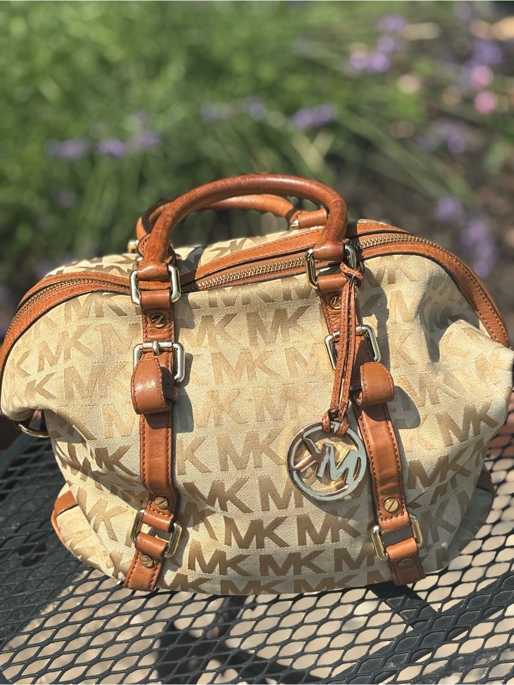 Michael Kors Beige MK Bedford Monogram Satchel with Tan Leather Trim